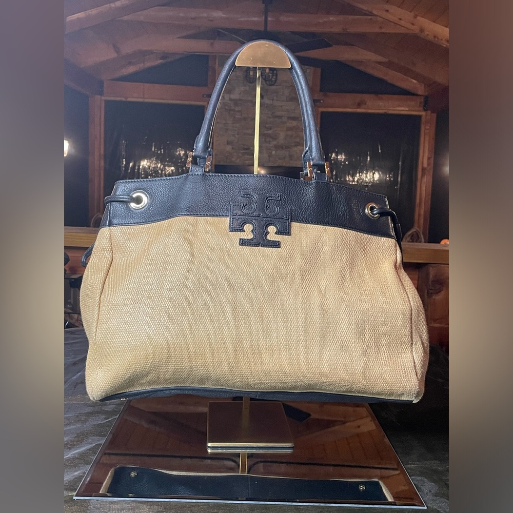 Tory Burch straw and black leather Stacked T-Logo tote